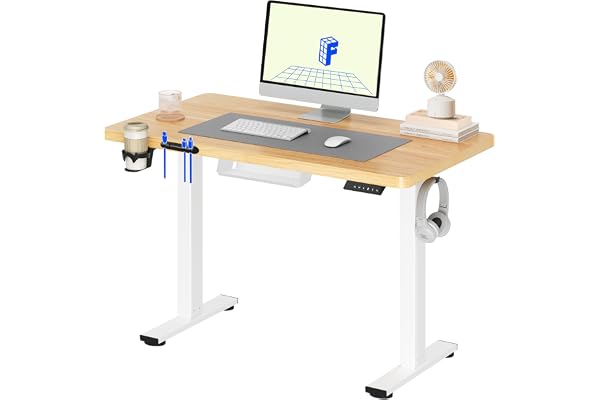 FLEXISPOT Bureau Assis Debout Basic, 110x54cm Une Pièce, Bureau Électrique Réglable en Hauteur, avec Porte-gobelets et Crochets, Panneau à Fonctions Mémoires, Érable