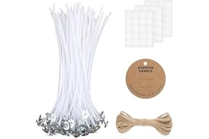 BOLOSA Candle Wicks, 50 Pcs 10cm Cotton Pre Waxed Candle Wicks for Making Candles with 60 Pcs Glue Dots, 20 Tag Labels and 20 Jute Strings, Long Lasting with No Black Smoke for DIY Crafts