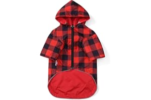 MOREZI Dog coats waterproof with legs hood for small medium breeds reversible dog raincoat zipper closure storage pocket harness hole - Red - L