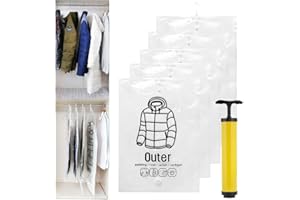 Mineup 5pezzi Sacchetti Sottovuoto Vestiti da Appendere, 67 x 90 cm Sacchetti Sottovuoto Sospesi con Pompa ad Aria, Sacco Compressione Sottovuoto Appeso per Abiti, Cappotti, Giubbotti, Piumini