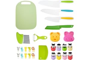 CRITIVE-SHOP 29 SZTUK Zestaw Noży Kuchennych dla Dzieci, Bezpieczne Noże Kuchenne Dla Dzieci z Nożami Drewnianymi Plastikowa Deska Do Krojenia Widelce Formy Przecinarka Zmarszczki