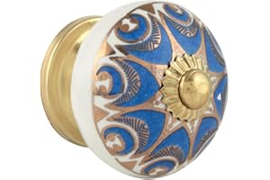 Rasiya Art Kitchen Cabinet Knobs - Indian Handmade Ceramic Dresser Pull Handle Kitchen Cupboard Wardrobe Drawer Pulls Boho Furniture Hardware - Navy Blue Gold - Pack of 12