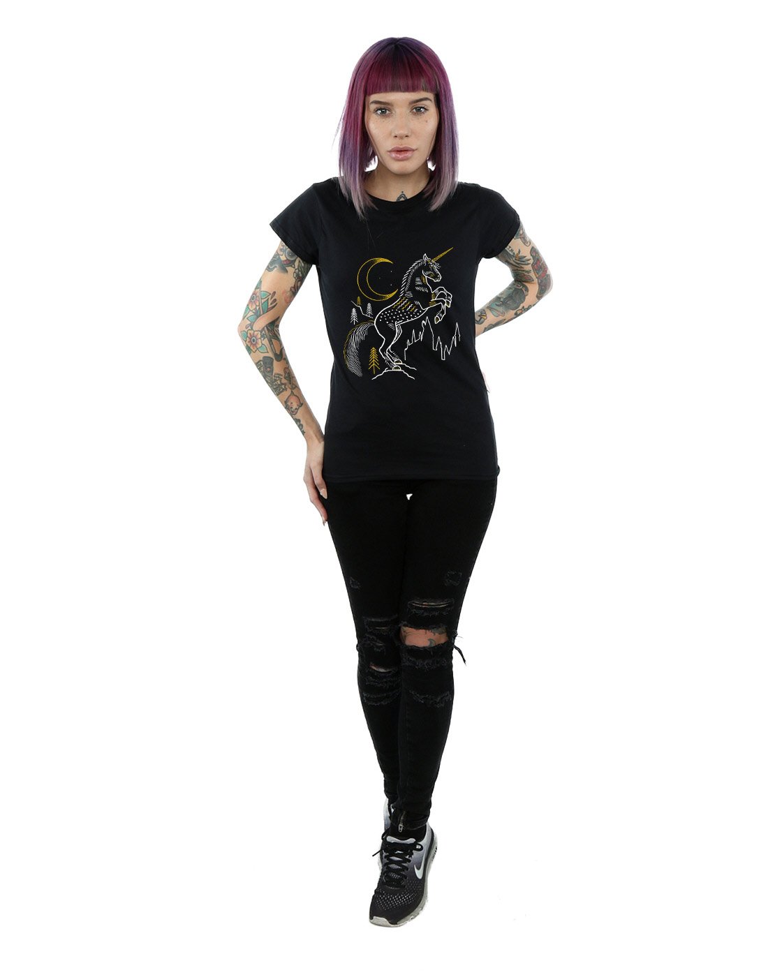 Harry-Potter-Damen-Unicorn-Line-Art-T-Shirt-Schwarz-X-Large