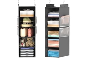 ALLTIDYUP Organizer Armadio da Appendere–5 Ripiani e Tasche in Rete,Borsa Sospesa Strutturata,Pieghevole e Salvaspazio per Vestiti,Scarpe,Cappelli – Ideale per Dormitori,Camper e Armadi–Grigio