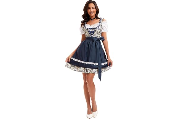 Velcoxplay Dirndl Women's Traditional Midi Dress with Lace Incl. 3-piece blouse and apron, Oktoberfest and carnival, blue (updated version), size M