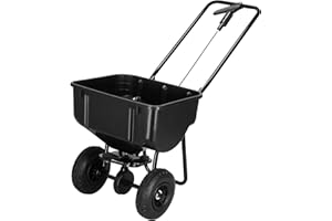 SPRINGOS Carro esparcidor de 25 kg de capacidad, negro, con 2 ruedas neumáticas, diámetro de 21 cm, recipiente de acero y plástico, 48 x 37 x 25 cm, para semillas, fertilizante, sal de carretera