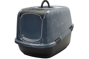bac litiere pour Chat - Savic Nestor Jumbo Marble - Gris/Noir - XXL - façade ouvrante - Dos Haut - Filtre à Charbon - 66,5x48,5x46,5 cm