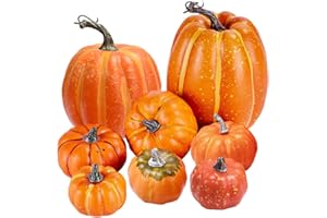 Atoke 8 Pcs Assorted Sizes Artificial Pumpkins,Large Harvest Faux Foam Pumpkins Decor for Fall Autumn Harvest Halloween Thanksgiving Home Table Decor,Orange