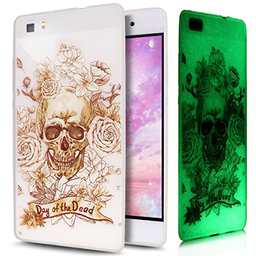 Huawei P8 Lite Hülle,Huawei P8 Lite Case,Huawei P8 Lite Cover,ikasus® TPU Silikon Schutzhülle Case Hülle für Huawei P8 Lite,Beleuchtete Weiche TPU mit Schwarz Gemalte Muster Handyhülle Huawei P8 Lite Silikon Hülle [Leuchtende Transluzent] Stoßdämpfend Transparent TPU Silikon Schutz Handy Hülle Case Tasche Silikon Crystal Case Durchsichtig Schutzhülle Etui Bumper für Huawei P8 Lite - Rose Blumen Schädel