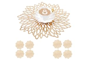 Mangata Gold Placemats and Coaster Sets of 8, Round Table Placemats for Christmas, Wedding, Dinner Parties, Restaurant, Hotel, 38cm, 15.5inches