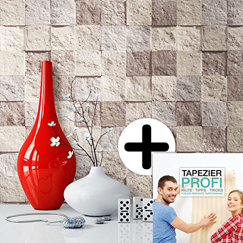 Steintapete Vliestapete Stein Beige Natur , schöne edle Tapete im Steinmauer Design , moderne 3D Optik für Wohnzimmer, Schlafzimmer oder Küche inkl. Newroom Tapezier Ratgeber mit super Tipps! - 2