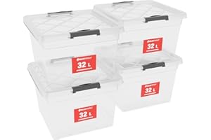 ATHLON TOOLS 4 x 32 l pudełka do przechowywania z pokrywką, przeznaczone do kontaktu z żywnością – klipsy zamykające – 100% nowe tworzywo sztuczne, przezroczyste