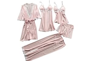 EMUKFD Womens Satin Pajama Sets V Neck Causal Long Pj Pant Set Nightwear 4 Piece Pajamas Silk Like Lace Paneled Sexy Pajamas