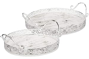 ETC dekoratives Tablett rundes Deko-Tablett mit Griffen Metall in Shabby weiß Vintage Landhaus Optik (groß)