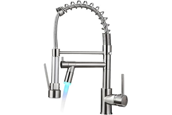 AIMADI Robinet de Cuisine avec Douchette Extractible Mtigeur LED qui Change de Couleur selon la Température et Système de Verrouillage Mains Libres avec Deux Jets Normal et Pluie Nickel Brossé