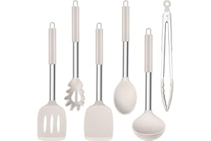 Herogo Set di utensili da cucina, 6 utensili da cucina in silicone, resistenti al calore, con manico in acciaio inox, antiaderenti, spatola, cucchiaio, pinze per pentole, facili da pulire, colore:
