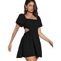Aahwan Women's & Girl's Fit and Flare Black Solid Summer Beach Square Neck Puff Sleeve Cut Out Waist Mini Dress