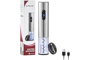 ELMWAY VinoLux Series Rechargeable Electric Wine Opener by ELMWAY – Electric Corkscrew with Dual LED Lights, Brushed Stainless Steel Body & Foil Cutter – Silver