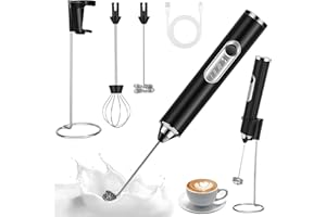 TIDEVAN Mousseur à Lait Électrique Rechargeable Mousseur a Lait, 3 Vitesses Petit Mixeur avec 2 têtes Mini Fouet, Support en Acier Inoxydable, pour Cafés, Lattés, Cappucinos et Machiattos (Noir)