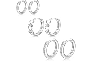 Silver Hoops Earrings for Women S925 Sterling Silver Small Hoop Earrings with Cubic Zirconia Huggie Silver Sleeper Earrings for Women Girls Jewelry Gift 3Pairs PABBEU
