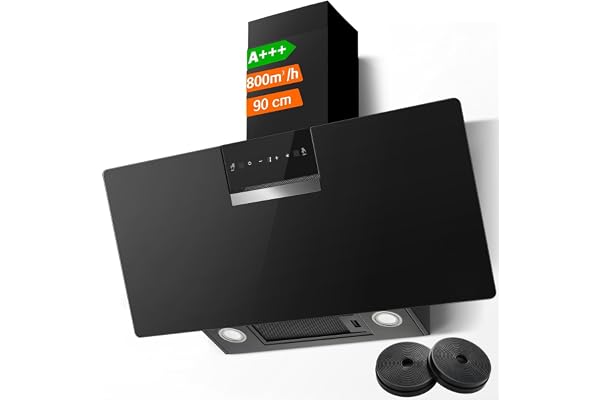 SNDOAS Hotte Aspirante 90 cm, 800 m³/h, Classe Énergétique A+++, 3 Vitesses + Mode Booster, Contrôle Gestuel & Tactile, Filtre à Charbon Actif, Recyclage/Évacuation, Noir