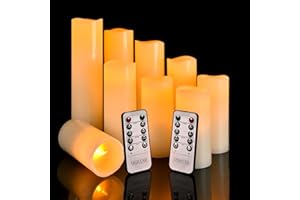 OSHINE Candele LED, Candele batteria (H4 5" 6" 7" 8" 9") Set di 9 colonne di cera reale non in plastica Con timer a 10 tasti Timer di controllo 300+ ore (9, avorio)