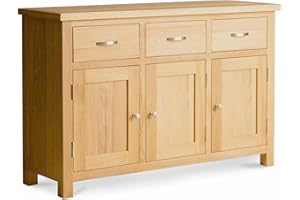 ROSELANDFURNITURE London Oak Large Sideboard Cabinet for Living Room | Roseland Furniture Solid Wood Contemporary 3 Drawer 3 Door Sideboard Storage for Dining Room, Fully Assembled