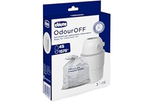 Chicco Odour Off Pouches, Toilettenfresser Beutel, Teleskop Müllbeutel, dreilagiges stabiles Material, hält Gerüche zurück, 45 Beutel, 15x3