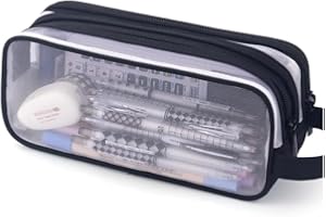 DEYAAH Large Clear Mesh Pencil Case Pouch, 2 Compartment Pen Bag Multifunction Pencil Pouch Transparent Makeup Bag for Teen Student College Business Travel Office Adult (Black)