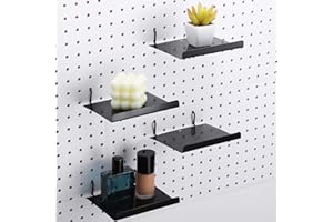 COUME 4 Pack Pegboard Shelves Wall Organizer Peg Board Shelf Brackets Pegboard Steel Tray Pegboard Accessories Organizing Tools for Craft Room Home Garage Nursery Workbench Kitchen, Black, 5.91 x 4.72 Inch