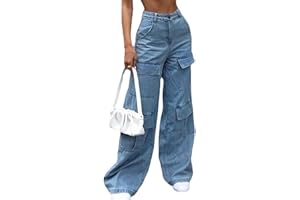 XKBHYD Women Multi Pocket Cargo Jeans Baggy Streetwear Y2k Trousers Flap Pocket Pants Wide Leg Cargo Pants
