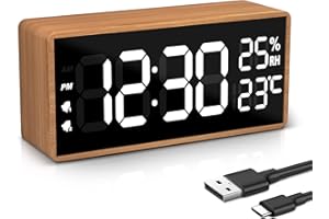 hinrey Reveil Numerique, Reveil Matin Bois Horloge Numerique avec 2 Alarmes, Réveil Électronique Alimenté par USB Reveil Digitale Affichage l'Heure, la Température et l'Humidité