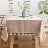 SUNBEAUTY Cotton Tablecloth 140 x 220 cm Rectangular Washable Tablecloth Linen Tablecloth Elegant Table Linen Wipe Clean Table Cover with Tassel for Home Kitchen