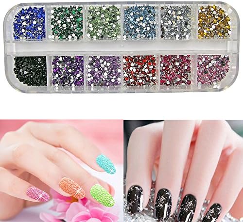 Safekom Professional 3000 Pieces Nail Art Decoration Colourful Card Making Gems Rhinestone 2mm Round Diamante Diamond Glitter Assorted 12 Colours Free Storage Case Free Wax Pencil Picker