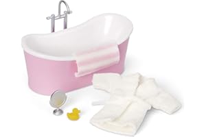 LUNDBY Dolls House Furniture Bathroom Set – Freestanding Bath + Bathrobe + Mirror + Rubber Duck + Towel – Doll House Accessories – 5-piece set for 11cm Mini Dolls – Age 4+ 1:18