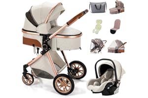 YAZOCO Poussette 3 en1 Compacte Poussette CombinéEs Anstout Terrain Luxe Haut Paysage Quadruple 0-36kg Bébé Pliable Canne Poussettes Confort Accessoires Auto Siège (Crème)