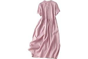 ZEIAYUAS Summer Dresses for Women UK Elegant Ladies Linen Dresses Short Sleeve Maxi Dress Tunic Pleated Swing Dresses Half Button Solid Loose Pullover Dresses Holiday Party Dresses