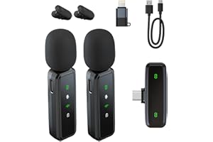 Journeyside Microfono Lavalier Wireless per iPhone/Android, 2 Mini Microphone Wireless, Distanza di Ricezione 20m, Riduzione Intelligente del Rumore per Trasmissione in Diretta, Interviste, Vlog