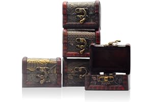 Forreen Drewniana skrzynia na skarby, 5 sztuk Vintage Mały pirat Wielofunkcyjny pojemnik na biżuterię do przechowywania naszyjników, pierścionków, losowy wzór