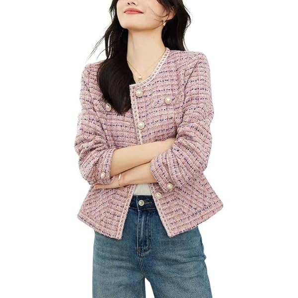 Blouson Travail Chic Blazer Tweed Blanc à Carreaux Pour Femme - Coupe Mince, Sans Col, Poches Élégantes - Pour Bureau Et Travail Veste Tweed Femme Solde Blouson Travail Chic Blazer Tweed Blanc à Carreaux Pour Femme - Coupe Mince, Sans Col, Poches Élégantes - Pour Bureau Et Travail Veste Tweed Femme Solde