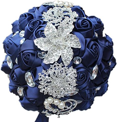 Bridesmaid Bridal bouquet For Wedding,Bouquet Flowers Roses Crystal Pearl Wedding Bouquet, Bridal Artificial Silk Flowers (Navy Blue)