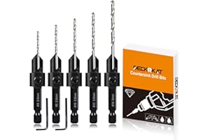 DECKRKAT 5 Pack Woodworking Countersink Counterbore Drill Bit Set 3in1 for #6 8 10 12 16 Screws,6542 Pilot Drill Bits Adjustable Depth, 82-Degree Chamfer with Stop, 6mm Hex Shank, Includes 2 Allen Wrenches