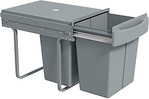 HOMCOM Abfallsammler 20 L+20 L Ausziehbar Einbaumülleimer Unterschrank Abfalleimer Mülleimer für Schränke mit 2 herausnehmbaren Fächern, mattiertem Deckel und Griff, Grau