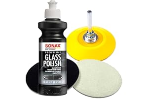 Glaspoliturset bestehend aus einer SONAX 250ml Glass Polish + 2 Stück Flexipads Ø75mm Glas-Polierpads + Craft-Equip 75mm Stützteller mit 6mm Spanndorn