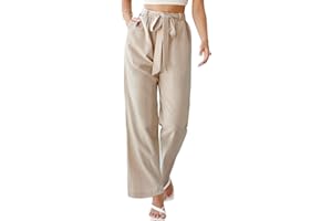 PASUDA Pantalones Mujer Verano Lino Pantalon Casuales Cintura Alta Elástica Pantalones Anchos Flojo Playa Pantalones Color Sólido Pantalón Largos con Bolsillos