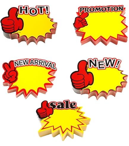 250 Cartellini Prezzi Adesivi Per Negozio - Etichette Promo Gialle Con Scritte HOT, SALE, NEW