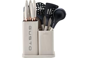 Karaca Gusto Kitchen Utensil Set Stainless Steel with Chopping Board and Holder - Kitchen Appliances for Cooking - 12 Pieces Cookware Tools - Cream & Black
