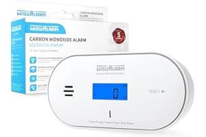 WISUALARM Kohlenmonoxid Melder, CO-Alarm, Temperatur- und Feuchtigkeitserkennung, 10 Jahre batteriebetrieben mit LCD-Display