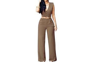 Minetom Femme Casual Col V sans Manches Jumpsuit Rompers Irrégulier Taille Haute Longues Pantalons Ensembles avec Ceinture