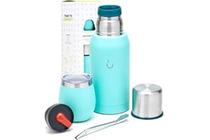 BALIBETOV Zestaw 6 sztuk w kolorze argentyńskim – zawiera stalowy kubek mate z pokrywką, bombbilla (rurka do picia) i termos z 2 korkami do nalewania mate (Pico Cebador) (Aqua)
